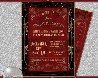 Invitación navideña victoriana vintage, plantilla editable (descarga digital)