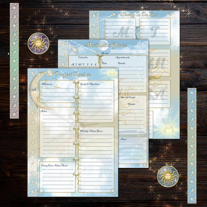 May include: A printable planner with a celestial theme. The planner includes a monthly calendar, a weekly to-do list, and a project tracker. The pages are decorated with stars, moons, and clouds.