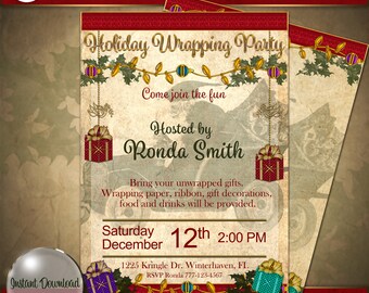 Plantilla de invitación vintage para fiesta de envoltura de regalos navideños (descarga digital)