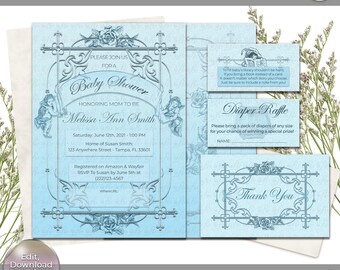 Invitaciones vintage para baby shower de niño, temática de ángel (descarga digital)