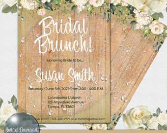 Invitación editable para brunch nupcial, con diseño floral rústico (descarga digital)