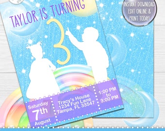 Invitación de cumpleaños de Luna Arcoíris, con brillo, para cualquier edad (descarga digital)