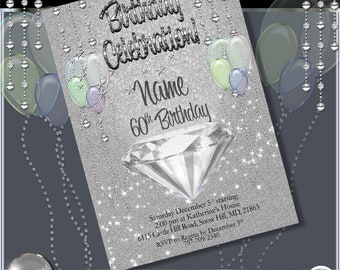 Invitación de cumpleaños con brillo de diamante, brillo plateado, editable (descarga instantánea)