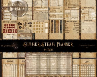 Planificador diario Steampunk vintage de verano, páginas de calendario, semanal, mensual, pegatinas, diario basura, victoriano, efímero