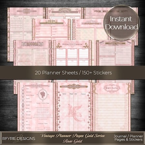Pode incluir: Um conjunto de páginas de planejador vintage em ouro rosa com bordas decorativas e texto. As páginas incluem seções para compromissos, aniversários, metas e um "brain dump". A frase "Download instantâneo" é visível.