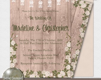 Plantilla de invitación de boda rústica con guirnalda de luces y farolillos (descarga digital)