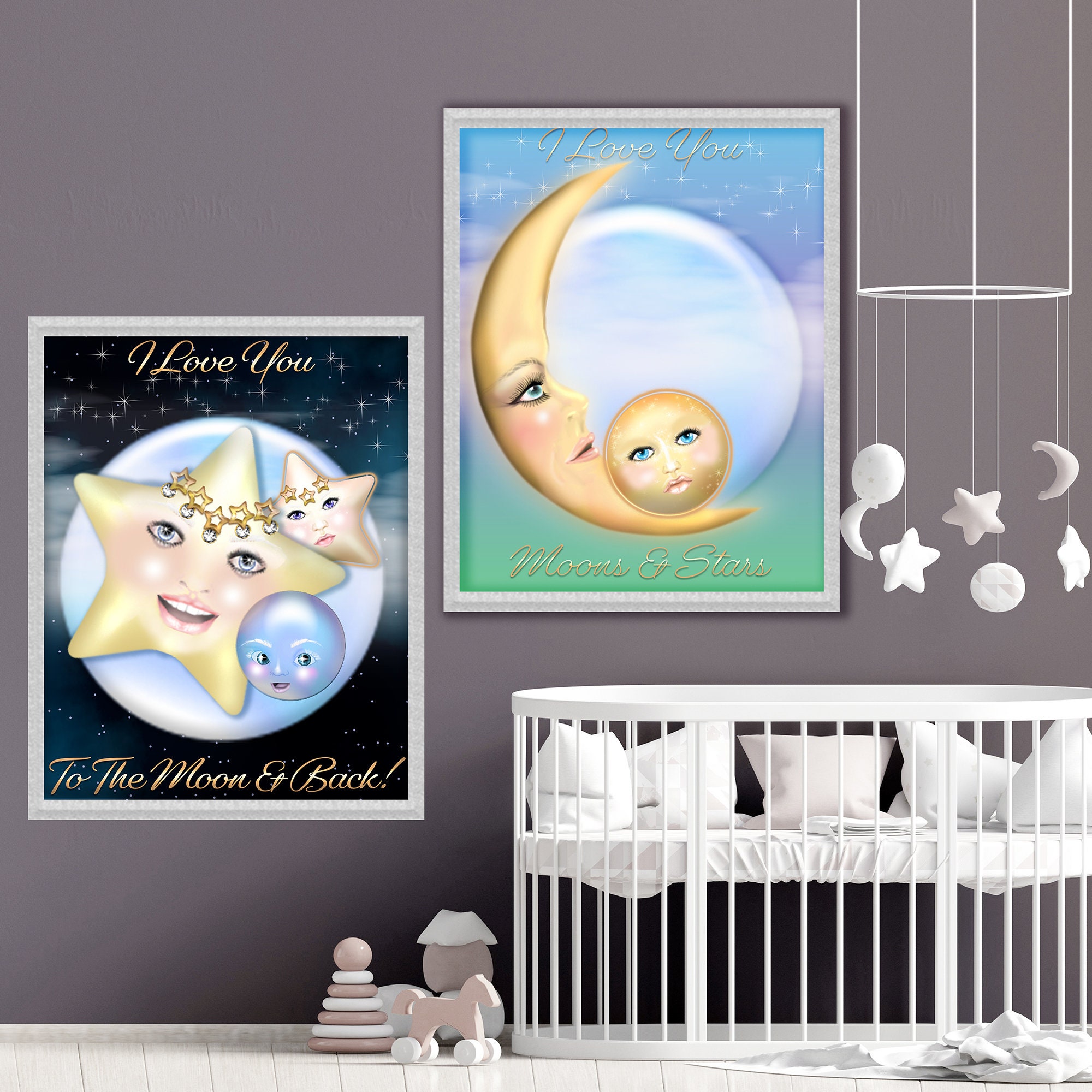 Moons and Stars Nursery Print, Set of 2 Digital Nursery Prints, Nursery ...