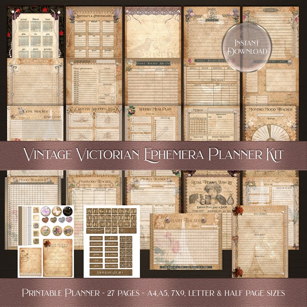 Vintage Ephemera Planner Kit, Vintage Victorian  Printable Planner pages, Weekly, Monthly, Stickers, Junk Journal, Victorian, Ephemera