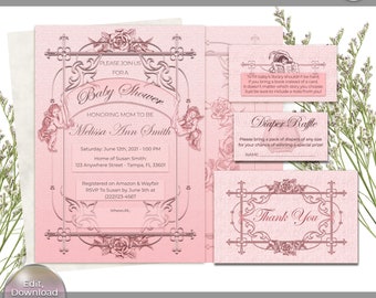 Plantilla de invitación vintage para baby shower, temática de ángel (descarga digital)