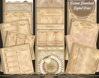 May include: A set of printable planner pages in a Victorian style with a gold and cream colour scheme. The pages include a monthly mood tracker, a calendar, a to-do list, and a goals list. The text "Instant Download Digital Print" is visible in the top right corner of the image.