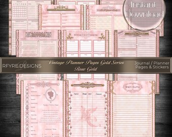 May include: A collection of rose gold vintage-style planner pages and stickers featuring various layouts including calendars, contact lists, project trackers, and brain dump sheets. The designs incorporate ornate borders, striped backgrounds, and text labels.