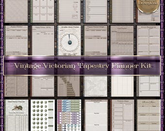 May include: A digital planner kit featuring over 25 pages and stickers with a vintage Victorian tapestry theme. The collection includes various trackers for finance, moods, goals, and grocery lists, all presented in a neutral, muted color palette.