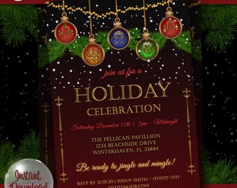 Invitación vintage para fiesta de Navidad con guirnalda de luces (descarga digital)