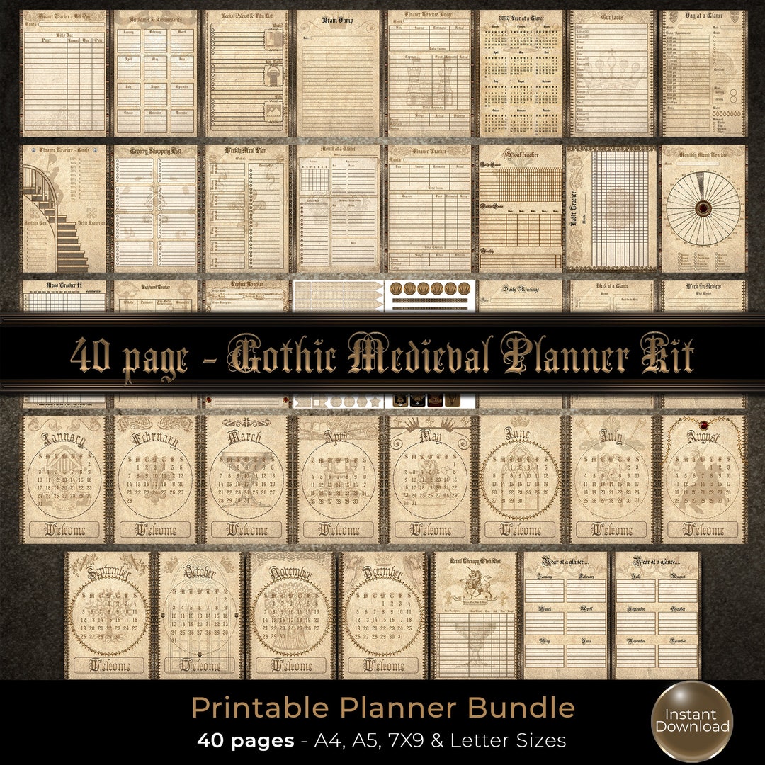 Gothic Printable Planner Kit, A5 Planner Inserts, Vintage Planner Kit ...