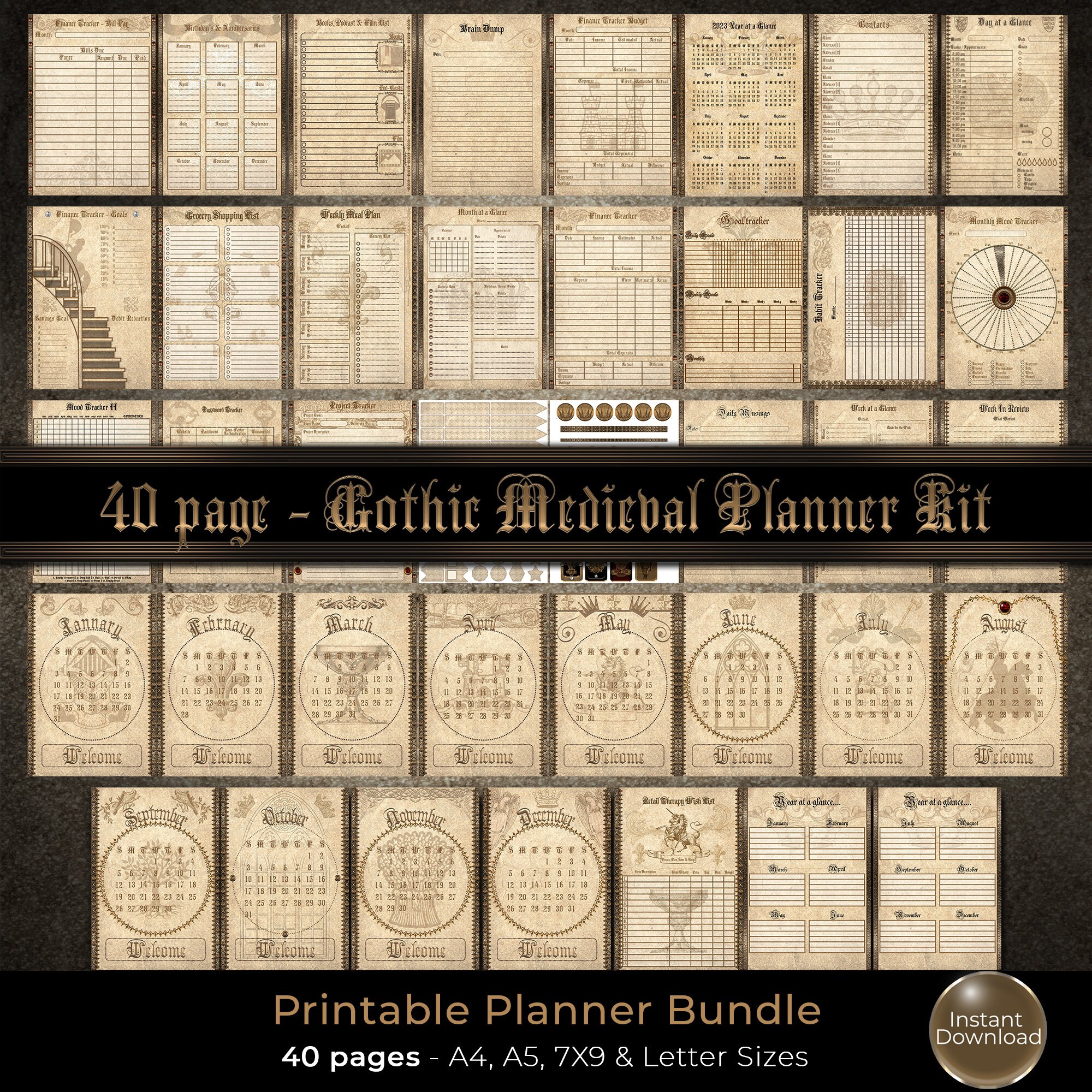 Gothic Printable Planner Kit, A5 Planner Inserts, Vintage Planner Kit ...