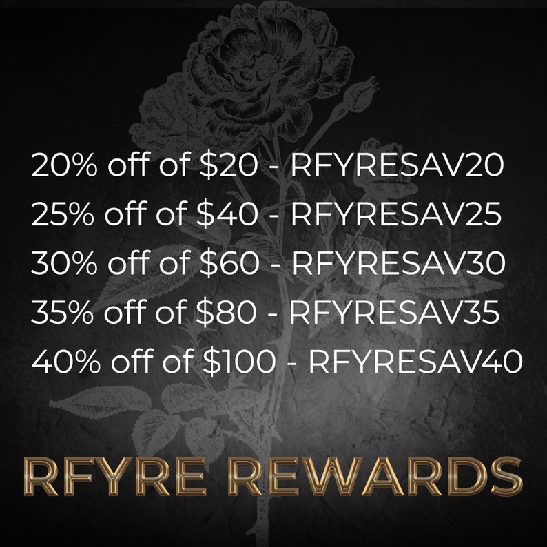 May include: A black and white image of a rose with text overlayed on top. The text reads: "20% off of &pound;20 - RFYRESAV20", "25% off of &pound;40 - RFYRESAV25", "30% off of &pound;60 - RFYRESAV30", "35% off of &pound;80 - RFYRESAV35", "40% off of &pound;100 - RFYRESAV40", "RFYRE REWARDS".