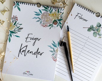 Ewiger floraler Geburtstagskalender mit Aquarell Motiven in DIN A4 für Notizen, wiederkehrende Termine oder Geburtstage