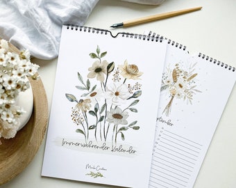 Calendrier d'anniversaire perpétuel avec motifs floraux aquarelles au format A4 pour notes, rendez-vous récurrents ou anniversaires