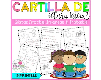 May include: A colourful printable worksheet for learning Spanish reading skills. The worksheet features the letters N, T, and C with illustrations of a child on a scooter, a tomato, and a house. The worksheet includes the words "Conoce la N", "Conoce la T", and "Conoce la C" and the text "Sílabas Directas, Inversas & Trabadas".