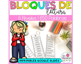 May include: Colorful printable reading blocks with 6 levels and 650 words in Spanish. The blocks feature a cartoon girl with crossed arms and a pink background. The text "BLOQUES DE LECTURA" is at the top of the image. The text "6 Niveles I 650 Palabras" is in the middle of the image.