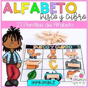 Könnte beinhalten: Ein farbenfrohes, lehrreiches Druckmaterial mit dem spanischen Alphabet. Das Bild enthält den Text "ALFABETO Busco y Cubro" und "27 Plantillas del Alfabeto". Es gibt Illustrationen von einem Fuchs, einem Känguru, einem Kaninchen, einer Kiste, einem Blatt, einer Kamera, einem Auto und einem Herzen.