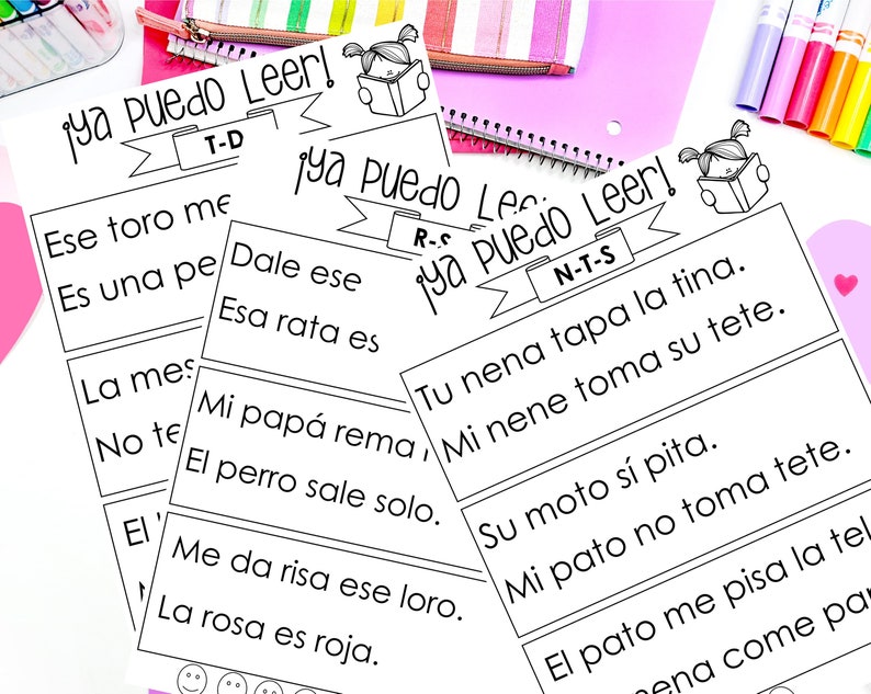 May include: A set of printable Spanish reading worksheets for children. The worksheets feature colourful illustrations and simple sentences with the words "ya puedo leer!" which means "I can read!" in Spanish.