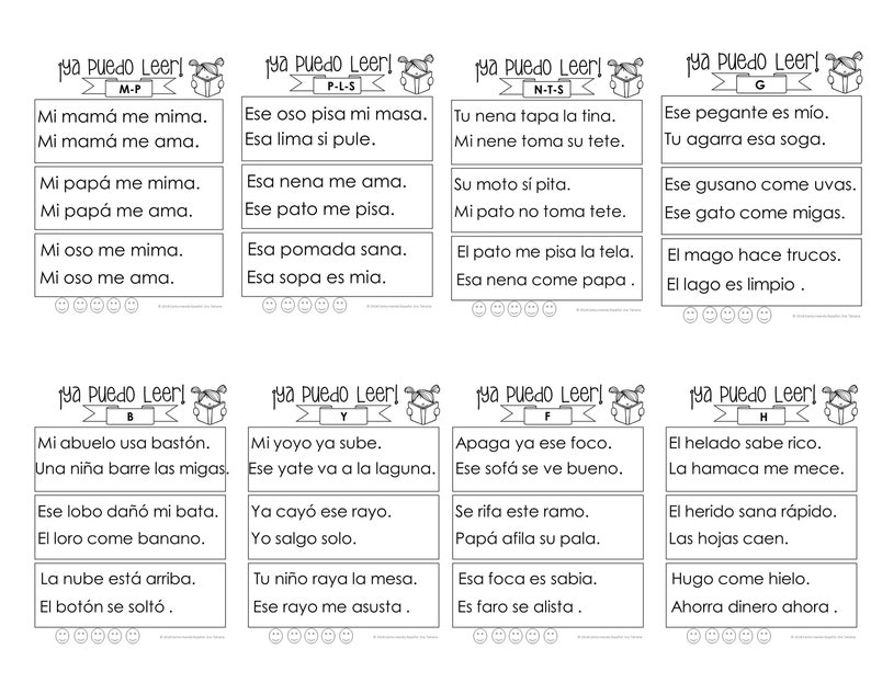 May include: A set of eight colourful flashcards with black and white illustrations and text in Spanish. Each card features a different letter of the alphabet and a corresponding word. The cards are designed to help children learn to read and spell in Spanish.