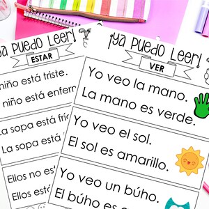 May include: Two black and white printable worksheets for learning Spanish. The first worksheet has the title "&iexcl;Ya Puedo Leer!" and the word "ESTAR" in a banner. The second worksheet has the title "&iexcl;Ya Puedo Leer!" and the word "VER" in a banner. Both worksheets have sentences and images.