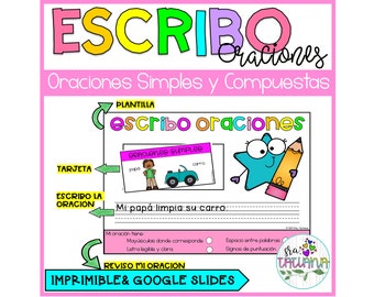 Escritura de oraciones imprimibles en español / Escribo oraciones simples y compuestas / Hojas de trabajo en español / Aprende español para niños / PDF digital
