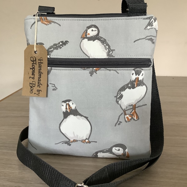 Cross body bag, shoulder bag, handmade bags, puffin bag, wildlife gifts, gifts for friends, Mother’s Day gift