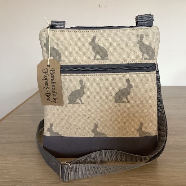 Rabbit Silhouette Crossbody Bag, Linen Shoulder Bag with Zipper Pocket