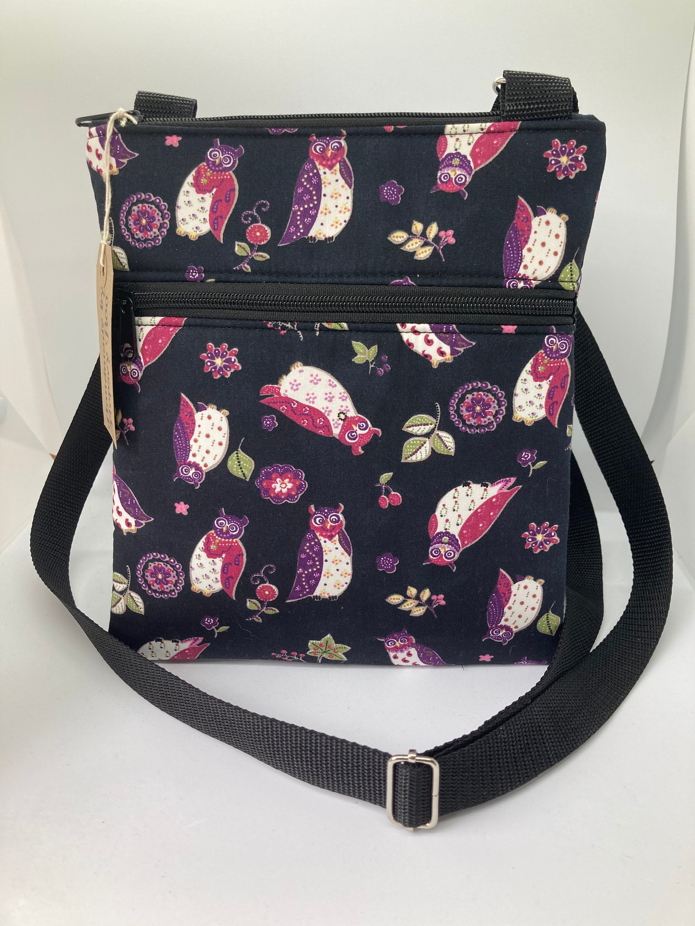 Owl Fabric Crossbody Bag: Handmade Shoulder Bag with Zipper Pocket