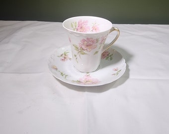 Tasse à thé et soucoupe Dainty Haviland & Co. Limoges vintage - Floral rose et blanc