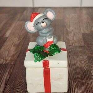 Handcrafted Ceramic Mouse on a Christmas Present Candle