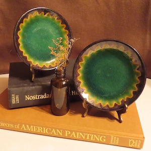 Vintage Handmade Drinp Glaze Appetizer Plates, Candy Apple Green, Brown, and Gold Rust, Set of Two