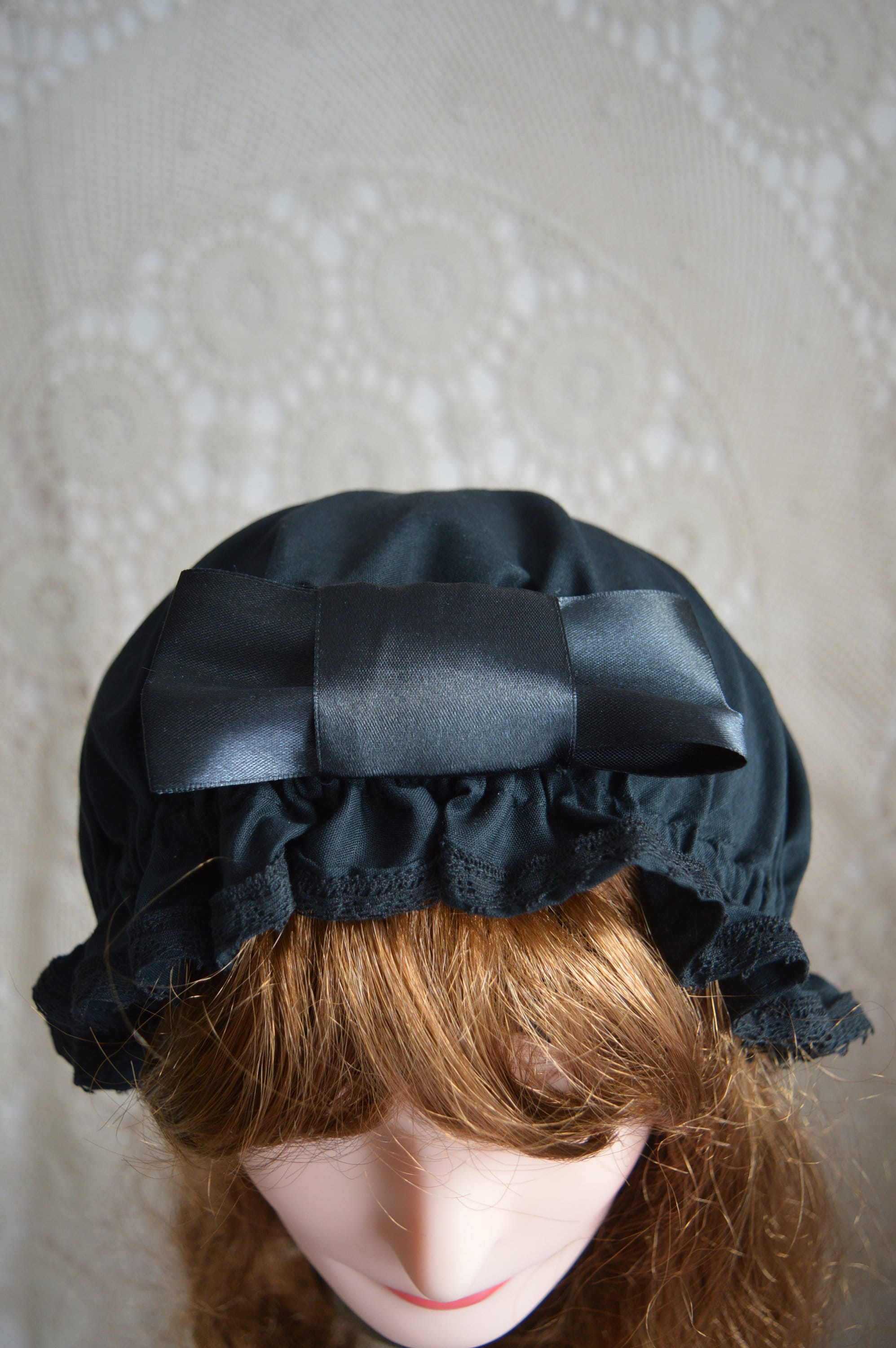 Victorian black mop cap with lace Victorian black mop hat Etsy