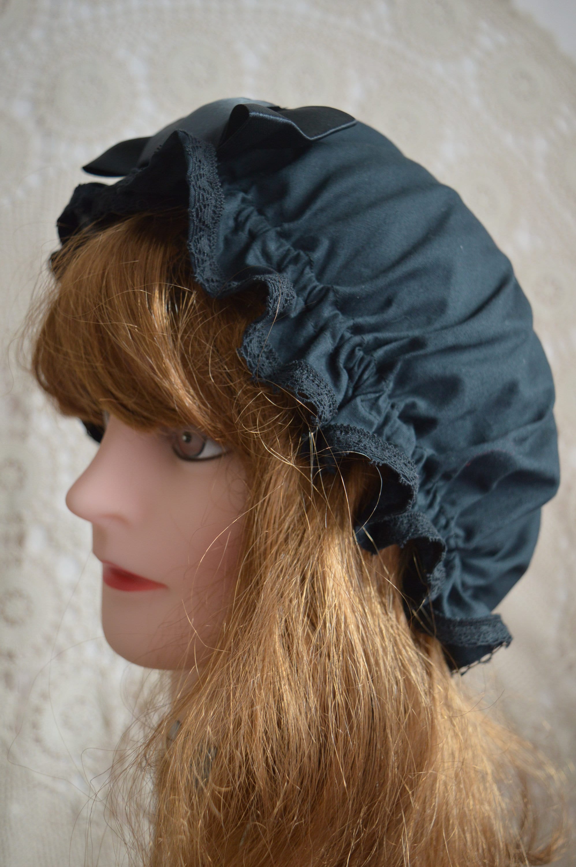 Victorian black mop cap with lace Victorian black mop hat Etsy