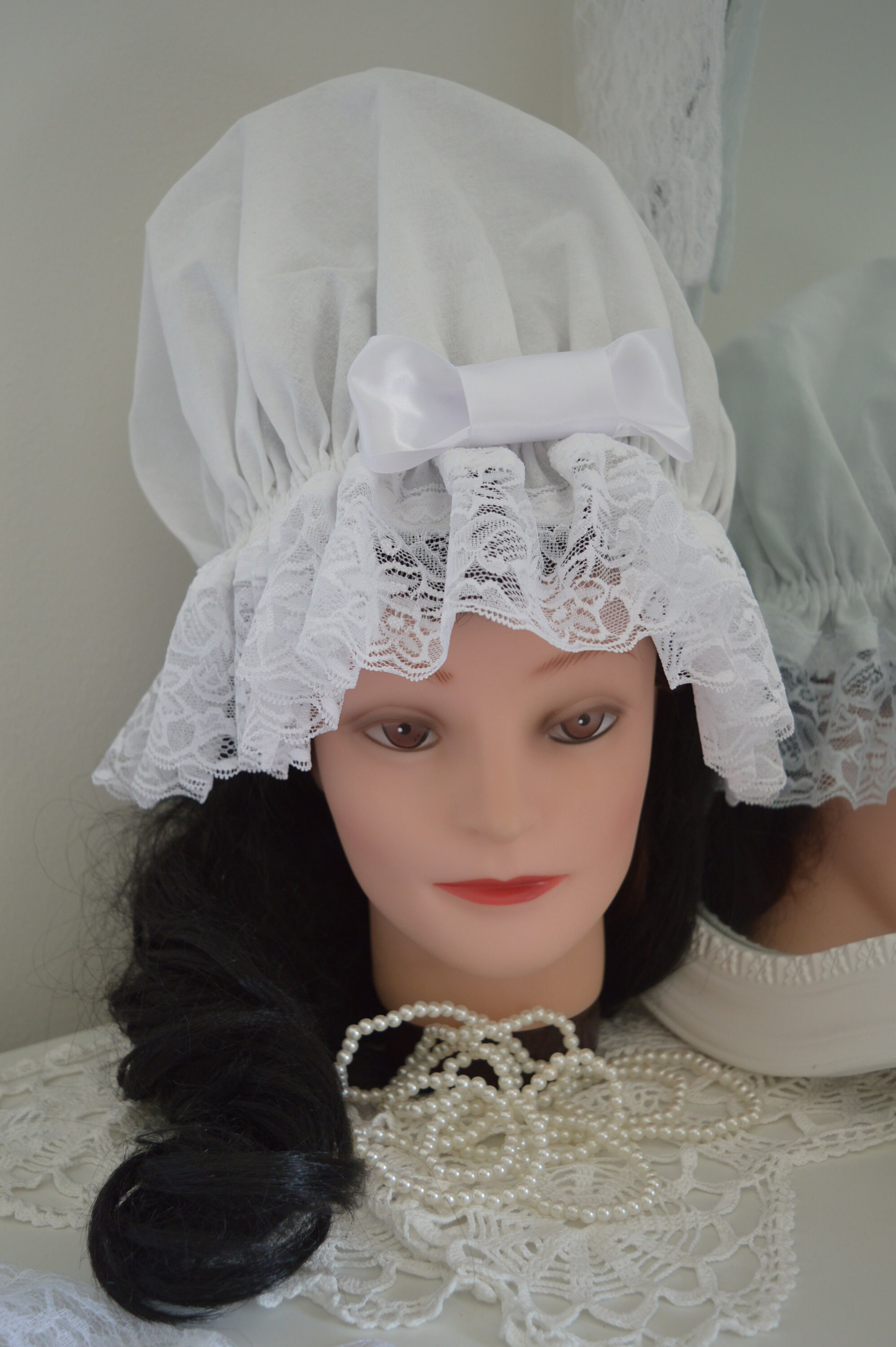 Edwardian Victorian Style White Cotton Night Cap, White Large Sleeping