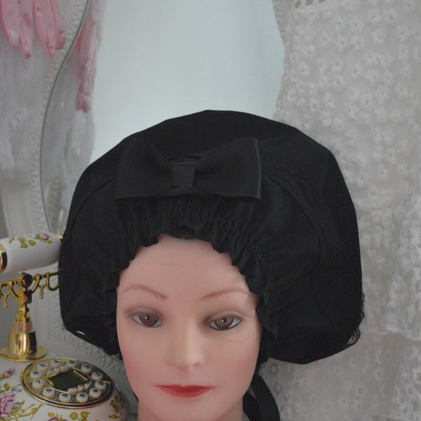 Black cotton bonnet hat with lace and bow for women, black cotton bonnet hat with lace and bow for ladies, vintage style bonnet hat black