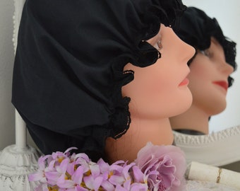 Vintage style mop cap black M-L, Granny mop cap mob cap black M-L, Ladies mop cap mob cap black M-L