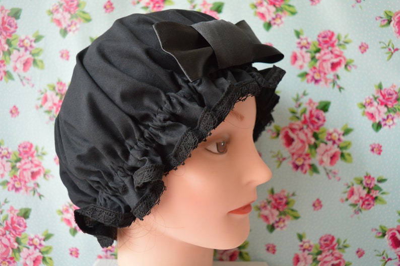 Victorian black mop cap with lace Victorian black mop hat Etsy