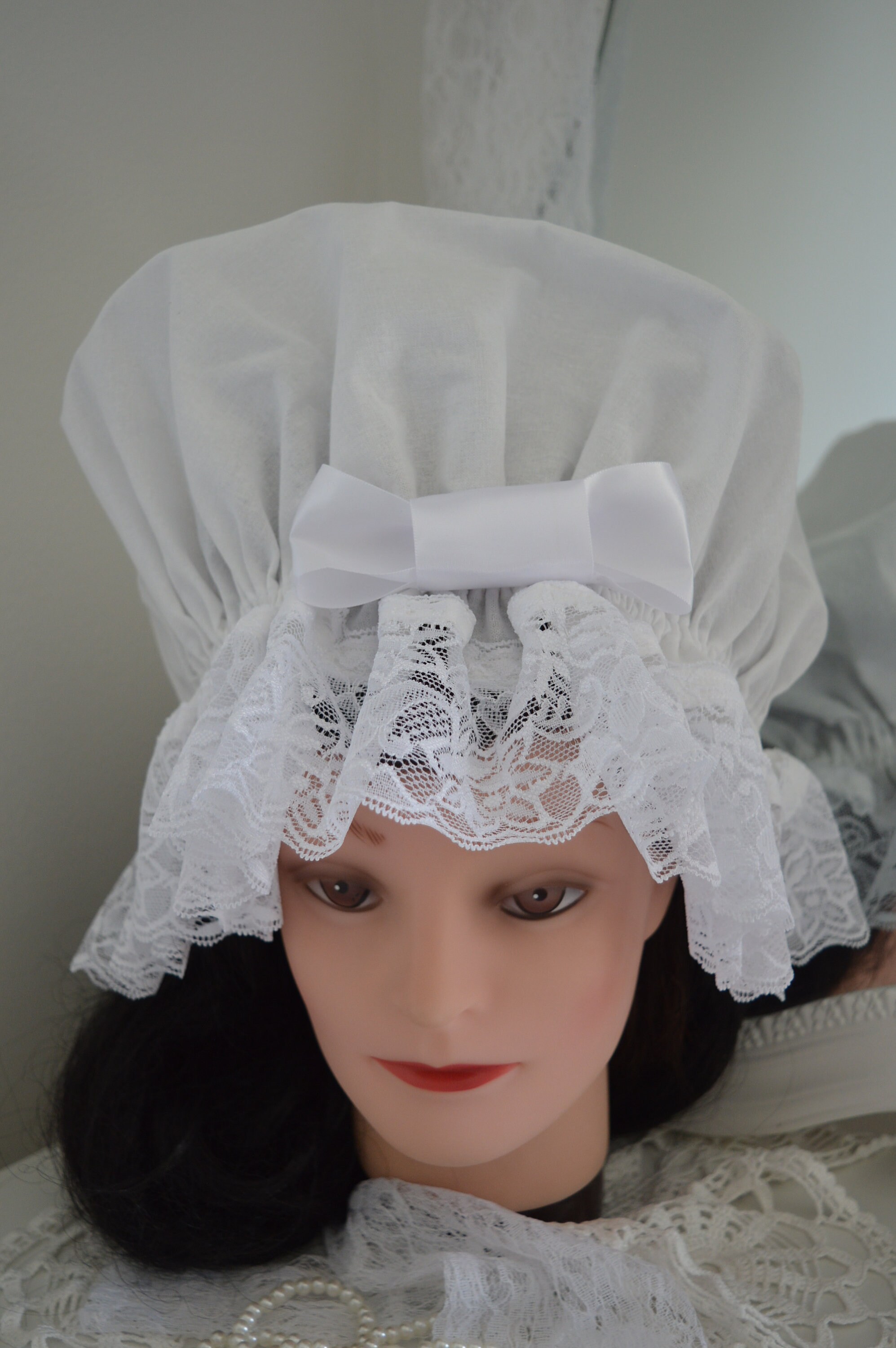 Edwardian Victorian Style White Cotton Night Cap, White Large Sleeping