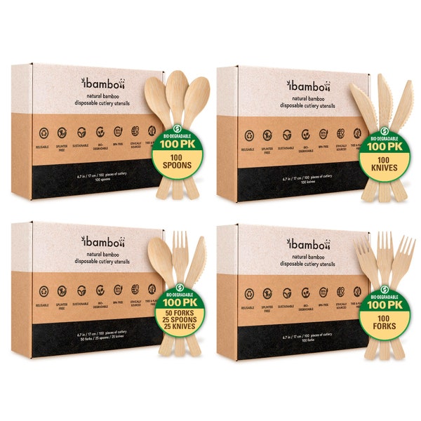 Ibambo Natural Bamboo Cutlery Sets (Forks, Spoons, Knives, or Combo) - Biodegradable, Sustainable Utensils – Ecofriendly Disposable Flatware