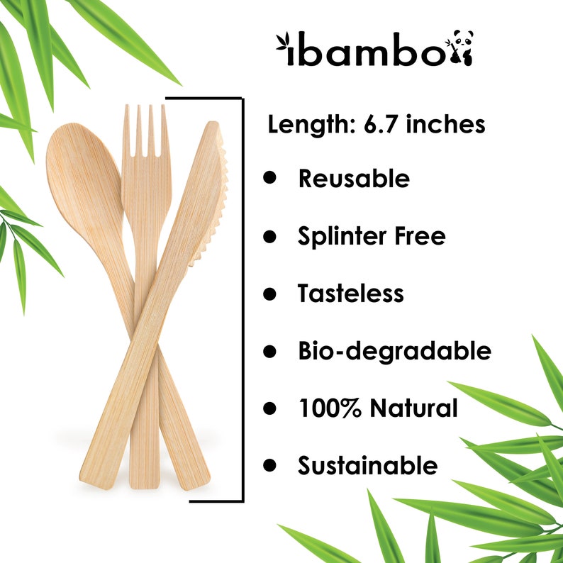 Ibambo Natural Bamboo Cutlery Sets Forks, Spoons, Knives, or Combo Biodegradable, Sustainable Utensils Ecofriendly Disposable Flatware image 2