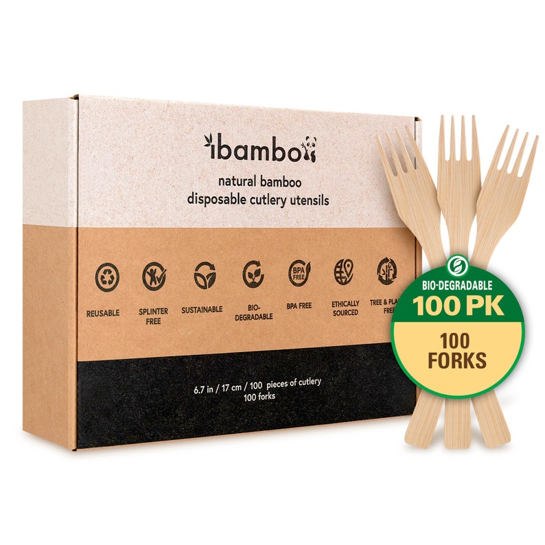 Ibambo Natural Bamboo Cutlery Sets Forks, Spoons, Knives, or Combo Biodegradable, Sustainable Utensils Ecofriendly Disposable Flatware 100 Forks