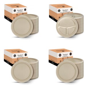 Op de afbeelding: Vier dozen met 10 inch natuurlijke bamboe wegwerp papieren borden. Twee dozen bevatten ronde borden en twee dozen bevatten verdeelde borden. De dozen zijn bruin met witte tekst die "ibamboo" en "PLA Free" luidt.