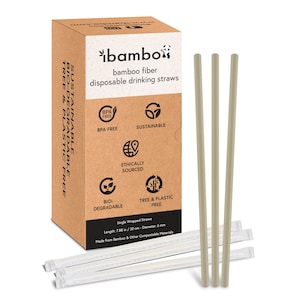 Ibambo Disposable Bamboo Fiber Straws - 7.87 inch Compostable Single Wrapped Drinking Straws - Eco Straws for Restaurants or Home Use