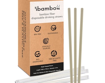 Ibambo Disposable Bamboo Fiber Straws - 7.87 inch Compostable Single Wrapped Drinking Straws - Eco Straws for Restaurants or Home Use
