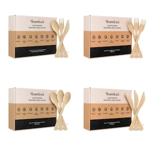 Ibambo 100% Bamboo Utensils - Assorted Bamboo Cutlery Sets, Disposable or Reusable