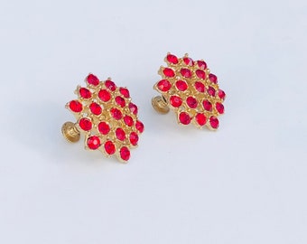 Vintage Coro gold and red rhinestone screw back earrings